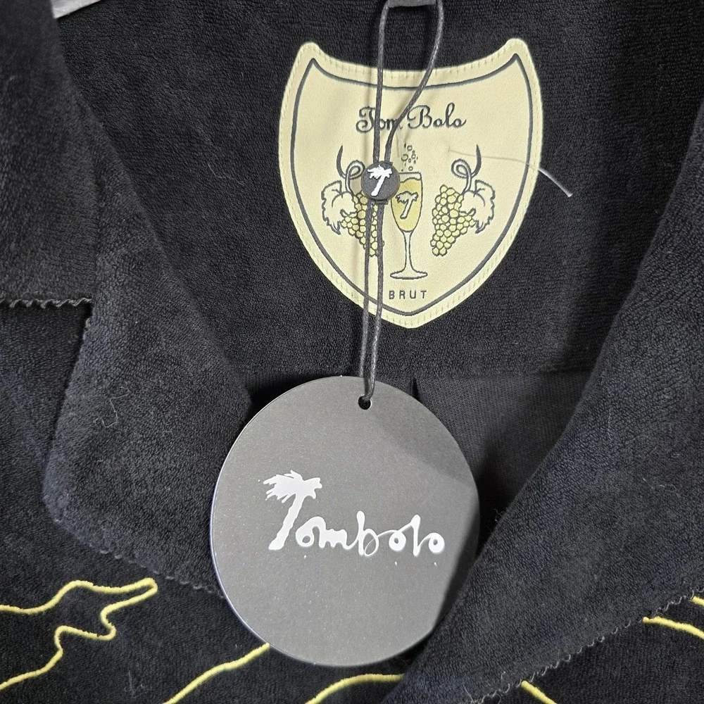 Tombolo Big Brut Cabana Shirt Mens Large Black Terry Cloth Champagne Embroidered